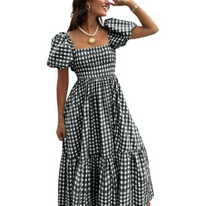 image:imagechouyatou Womens Retro Plaid Smocked Long Dress Puff Short Sleeve Flounce Swing Gingham Beach Party DressBlack