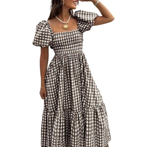 image:imagechouyatou Womens Retro Plaid Smocked Long Dress Puff Short Sleeve Flounce Swing Gingham Beach Party DressCoffee