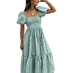 image:imagechouyatou Womens Retro Plaid Smocked Long Dress Puff Short Sleeve Flounce Swing Gingham Beach Party DressGreen