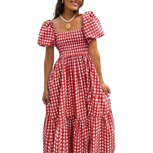 image:imagechouyatou Womens Retro Plaid Smocked Long Dress Puff Short Sleeve Flounce Swing Gingham Beach Party DressRed
