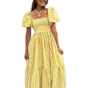 image:imagechouyatou Womens Retro Plaid Smocked Long Dress Puff Short Sleeve Flounce Swing Gingham Beach Party DressYellow