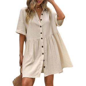 image:imagechouyatou Womens Summer Cotton Button Front Shirt Dresses Casual Babydoll Cute Lapel A Line Midi DressBeige