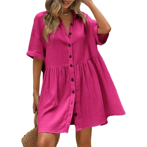 image:imagechouyatou Womens Summer Cotton Button Front Shirt Dresses Casual Babydoll Cute Lapel A Line Midi DressFuchsia