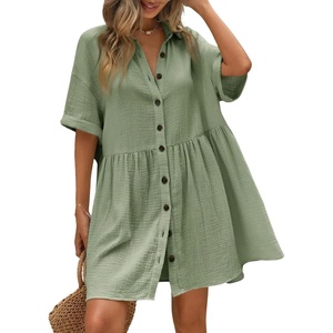 image:imagechouyatou Womens Summer Cotton Button Front Shirt Dresses Casual Babydoll Cute Lapel A Line Midi DressGreen