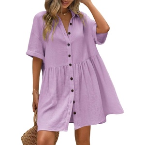 image:imagechouyatou Womens Summer Cotton Button Front Shirt Dresses Casual Babydoll Cute Lapel A Line Midi DressPurple