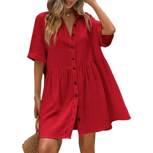 image:imagechouyatou Womens Summer Cotton Button Front Shirt Dresses Casual Babydoll Cute Lapel A Line Midi DressRed