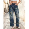 image:imagechouyatou Womens Floral Jeans Mid Rise Wide Leg Baggy Boho Denim PantsDark Blue