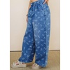 image:imagechouyatou Womens Pleated Floral Wide Leg Denim Pants High Wasited JeansBlue