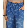 image:imagechouyatou Womens Pleated Floral Wide Leg Denim Pants High Wasited JeansBlue
