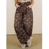 image:imagechouyatou Womens Pleated Floral Wide Leg Denim Pants High Wasited JeansCoffee