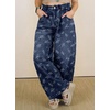 image:imagechouyatou Womens Pleated Floral Wide Leg Denim Pants High Wasited JeansDark Blue