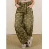 image:imagechouyatou Womens Pleated Floral Wide Leg Denim Pants High Wasited JeansGreen