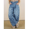 image:imagechouyatou Womens Pleated Floral Wide Leg Denim Pants High Wasited JeansLight Blue