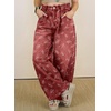 image:imagechouyatou Womens Pleated Floral Wide Leg Denim Pants High Wasited JeansRed