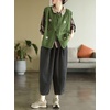 image:imagechouyatou Womens Vintage Flower Embroidered Lace Up Cable Knit Sleeveless Sweater VestGreen