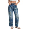 image:imagechouyatou Womens Floral Jeans Mid Rise Wide Leg Baggy Boho Denim PantsBlue