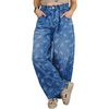image:imagechouyatou Womens Pleated Floral Wide Leg Denim Pants High Wasited JeansBlue