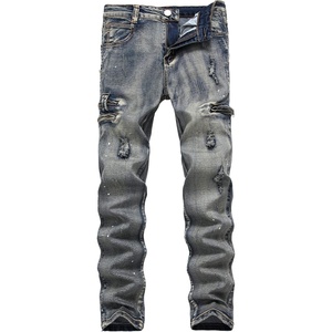 image:imagechouyatou Mens Classic Fit Distressed Jeans DecoZip Performance Rugged Wear Ripped Denim Work PantGreyblue