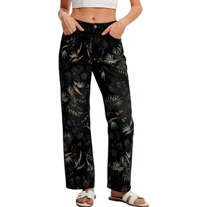 image:imagechouyatou Womens Floral Jeans Mid Rise Wide Leg Baggy Boho Denim PantsBlack