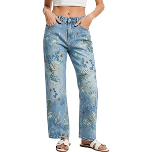 image:imagechouyatou Womens Floral Jeans Mid Rise Wide Leg Baggy Boho Denim PantsLight Blue