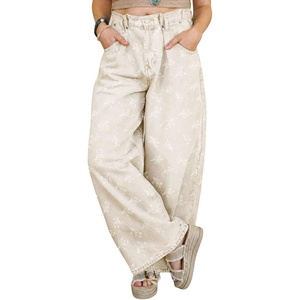 image:imagechouyatou Womens Pleated Floral Wide Leg Denim Pants High Wasited JeansBeige