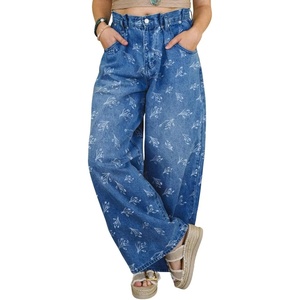 image:imagechouyatou Womens Pleated Floral Wide Leg Denim Pants High Wasited JeansBlue