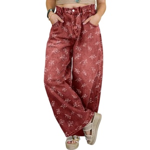 image:imagechouyatou Womens Pleated Floral Wide Leg Denim Pants High Wasited JeansRed