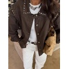 image:imagechouyatou Women 2025 Fall Y2K Studded Oversized Jean Jacket Western Distressed Casual Bomber Denim JacketBrown