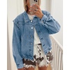 image:imagechouyatou Women 2025 Fall Y2K Studded Oversized Jean Jacket Western Distressed Casual Bomber Denim JacketLight Blue