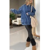 image:imagechouyatou Womens Casual Pullover Denim Jacket Vintage Distressed Jean Hoodie Jacket TopsDark Blue