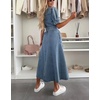 image:imagechouyatou Womens Denim Puff Short Sleeve Shirt Dress Button Down Lapel Belted Jean Midi Long Dress with PocketsBlue