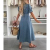 image:imagechouyatou Womens Denim Puff Short Sleeve Shirt Dress Button Down Lapel Belted Jean Midi Long Dress with PocketsBlue