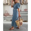 image:imagechouyatou Womens Denim Puff Short Sleeve Shirt Dress Button Down Lapel Belted Jean Midi Long Dress with PocketsBlue