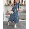 image:imagechouyatou Womens Denim Puff Short Sleeve Shirt Dress Button Down Lapel Belted Jean Midi Long Dress with PocketsBlue