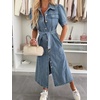 image:imagechouyatou Womens Denim Puff Short Sleeve Shirt Dress Button Down Lapel Belted Jean Midi Long Dress with PocketsBlue