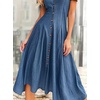 image:imagechouyatou Womens Sexy V Neck Button Down Short Sleeve Denim Dress Elegant Irregular Swing Jean Midi Long DressBlue