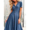 image:imagechouyatou Womens Sexy V Neck Button Down Short Sleeve Denim Dress Elegant Irregular Swing Jean Midi Long DressBlue
