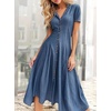 image:imagechouyatou Womens Sexy V Neck Button Down Short Sleeve Denim Dress Elegant Irregular Swing Jean Midi Long DressBlue