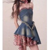image:imagechouyatou Womens Y2k Denim Bandeau Mini Dress Floral Strapless Dress Ruffle Pleated Tube Top Jean SundressDark Blue