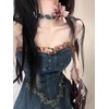 image:imagechouyatou Womens Y2k Denim Bandeau Mini Dress Floral Strapless Dress Ruffle Pleated Tube Top Jean SundressDark Blue