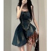 image:imagechouyatou Womens Y2k Denim Bandeau Mini Dress Floral Strapless Dress Ruffle Pleated Tube Top Jean SundressDark Blue