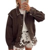 image:imagechouyatou Women 2025 Fall Y2K Studded Oversized Jean Jacket Western Distressed Casual Bomber Denim JacketBrown