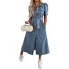 image:imagechouyatou Womens Denim Puff Short Sleeve Shirt Dress Button Down Lapel Belted Jean Midi Long Dress with PocketsBlue