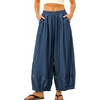 image:imagechouyatou Womens Hollow Out Barrel Jeans Elastic Waist Ruffled Denim PantsBlue