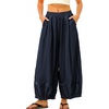 image:imagechouyatou Womens Hollow Out Barrel Jeans Elastic Waist Ruffled Denim PantsDark Blue