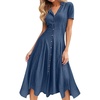 image:imagechouyatou Womens Sexy V Neck Button Down Short Sleeve Denim Dress Elegant Irregular Swing Jean Midi Long DressBlue