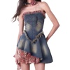 image:imagechouyatou Womens Y2k Denim Bandeau Mini Dress Floral Strapless Dress Ruffle Pleated Tube Top Jean SundressDark Blue
