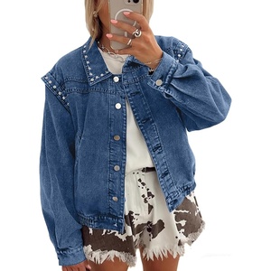 image:imagechouyatou Women 2025 Fall Y2K Studded Oversized Jean Jacket Western Distressed Casual Bomber Denim JacketBlue
