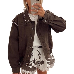 image:imagechouyatou Women 2025 Fall Y2K Studded Oversized Jean Jacket Western Distressed Casual Bomber Denim JacketBrown