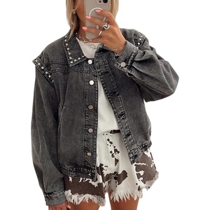 image:imagechouyatou Women 2025 Fall Y2K Studded Oversized Jean Jacket Western Distressed Casual Bomber Denim JacketGrey